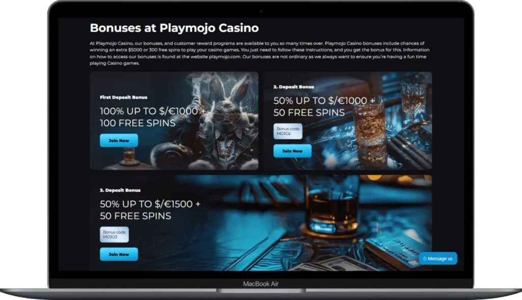 Bonuses and promotions at Playmojo Casino